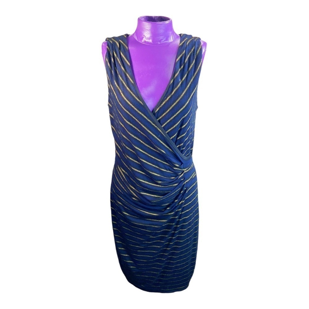 Loft navy gold stripe fitted vneck rayon spandex sleeveless dress M